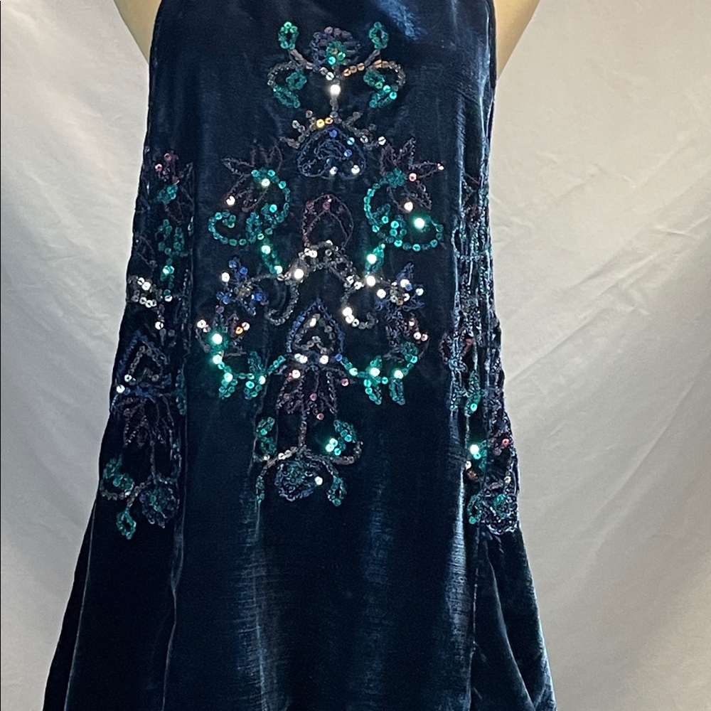 Free People Deep Blue Velvet Sleeveless Mini Dress with Sequin Details - Picture 2 of 11